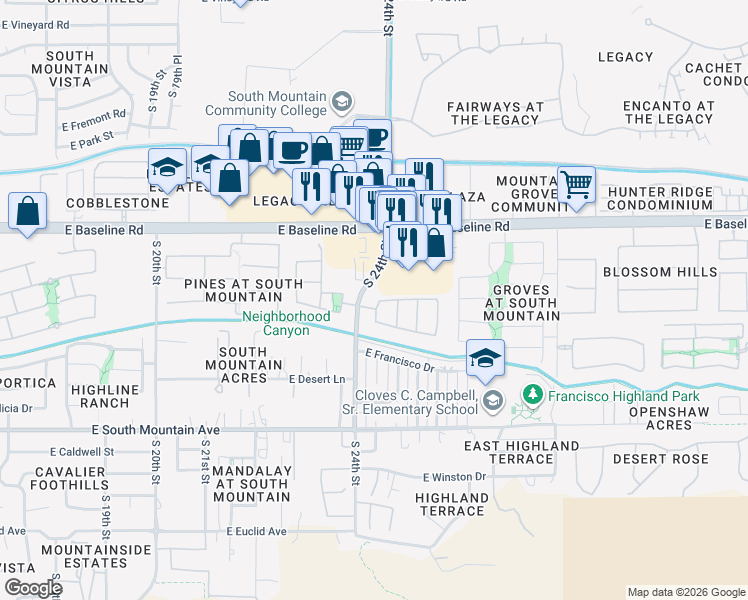 map of restaurants, bars, coffee shops, grocery stores, and more near 7904 South 24th Place in Phoenix
