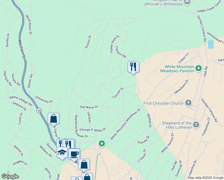 map of restaurants, bars, coffee shops, grocery stores, and more near 105 Meadowood in Ruidoso