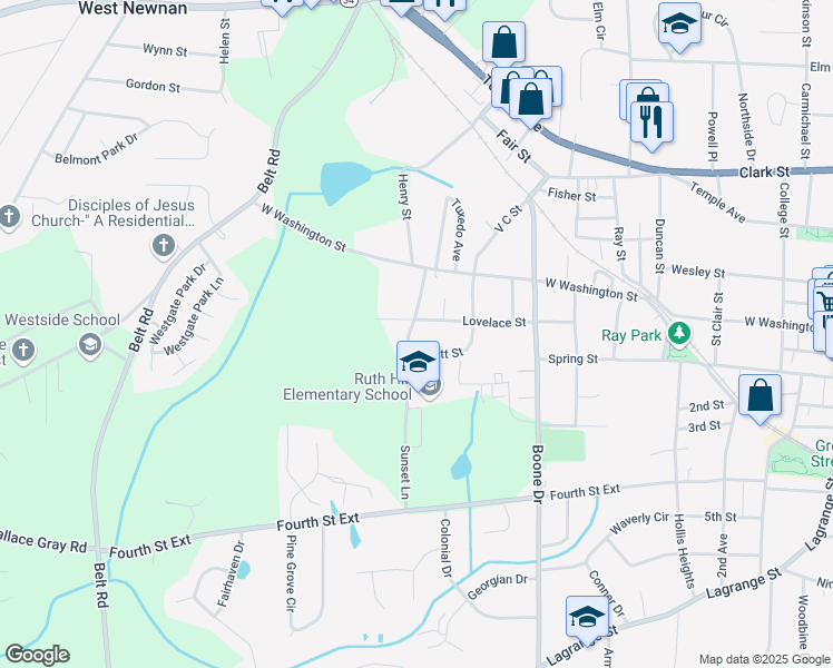 map of restaurants, bars, coffee shops, grocery stores, and more near 83 Sunset Lane in Newnan