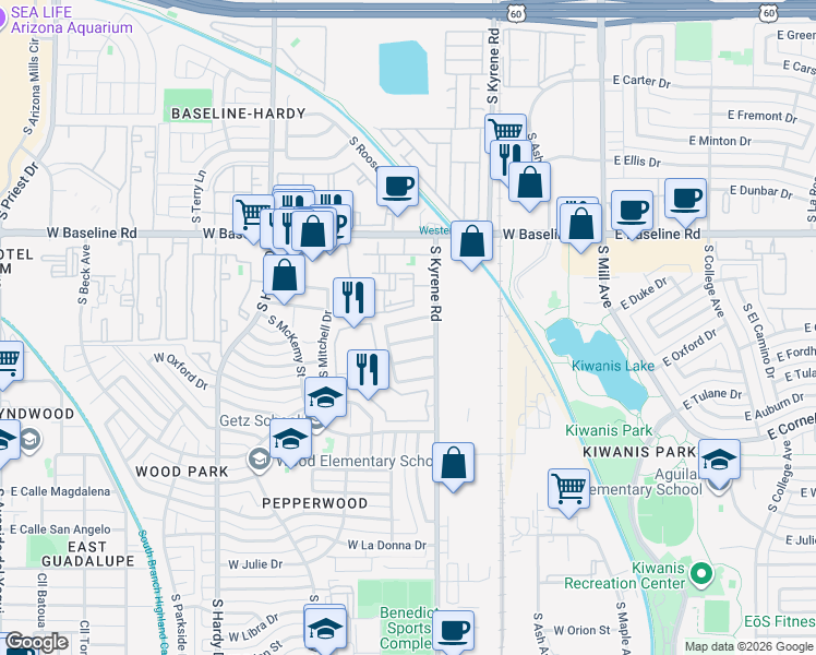 map of restaurants, bars, coffee shops, grocery stores, and more near 514 West Harvard Drive in Tempe