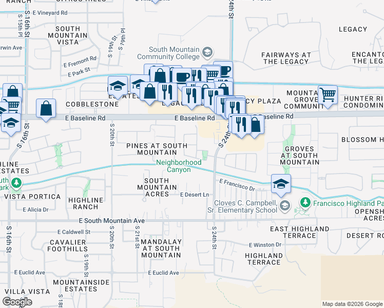 map of restaurants, bars, coffee shops, grocery stores, and more near 2318 East Harwell Road in Phoenix