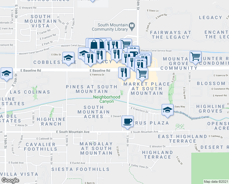 map of restaurants, bars, coffee shops, grocery stores, and more near 2318 East Harwell Road in Phoenix