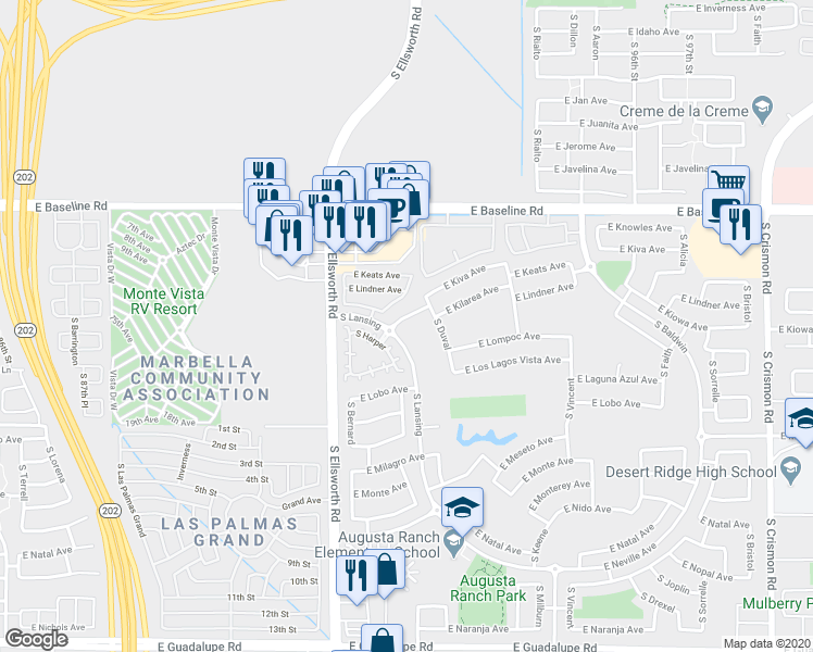 map of restaurants, bars, coffee shops, grocery stores, and more near 9325 East Kiva Avenue in Mesa