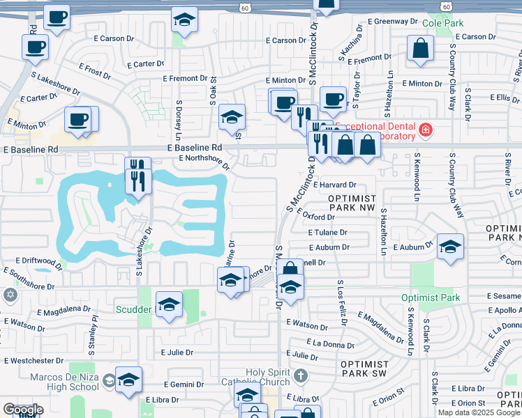 map of restaurants, bars, coffee shops, grocery stores, and more near 1624 East Westwind Way in Tempe