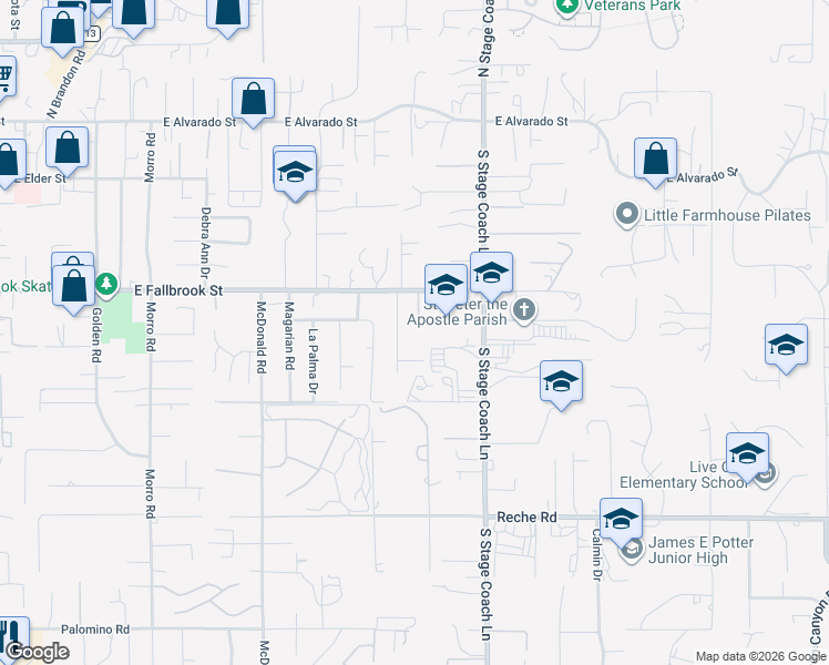 map of restaurants, bars, coffee shops, grocery stores, and more near 485 Wax Flower Lane in Fallbrook