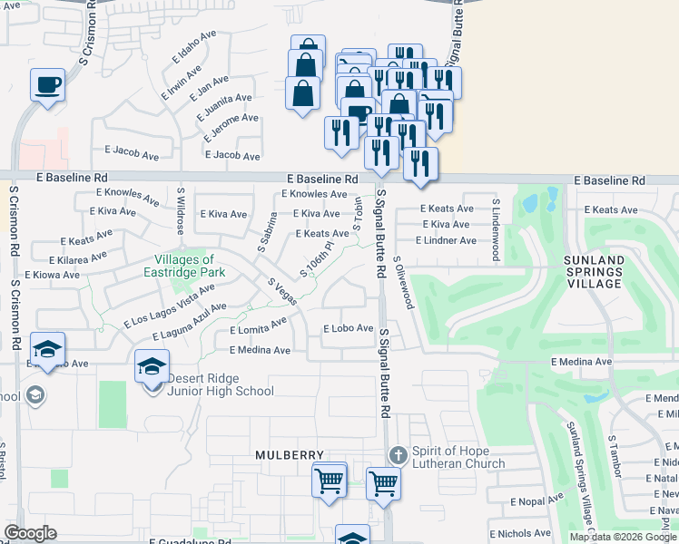map of restaurants, bars, coffee shops, grocery stores, and more near 10730 East Kilarea Avenue in Mesa