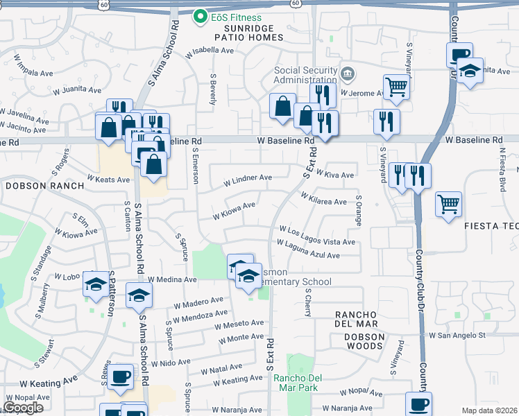 map of restaurants, bars, coffee shops, grocery stores, and more near 2211 South Westwood Circle in Mesa
