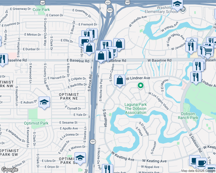 map of restaurants, bars, coffee shops, grocery stores, and more near 2205 South Las Flores in Mesa