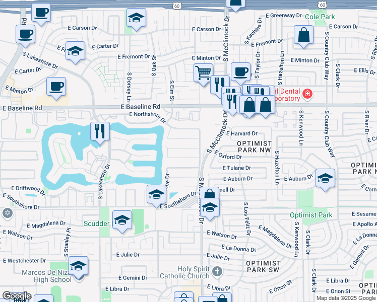 map of restaurants, bars, coffee shops, grocery stores, and more near 1624 East Westwind Way in Tempe