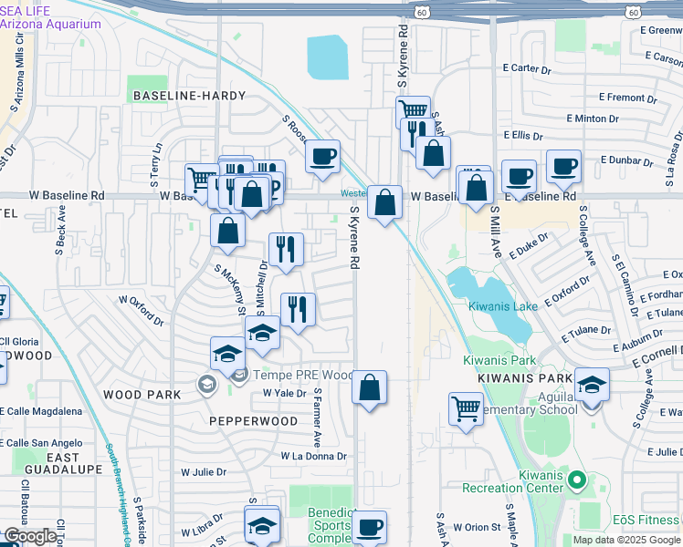 map of restaurants, bars, coffee shops, grocery stores, and more near 514 West Harvard Drive in Tempe