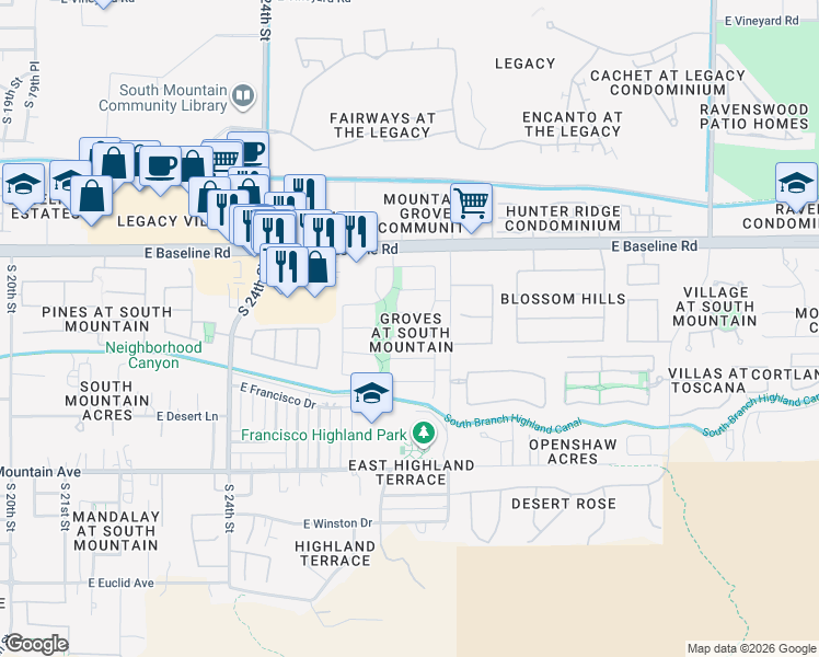 map of restaurants, bars, coffee shops, grocery stores, and more near 2724 East Fawn Drive in Phoenix