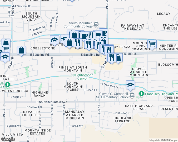 map of restaurants, bars, coffee shops, grocery stores, and more near 2318 East Harwell Road in Phoenix
