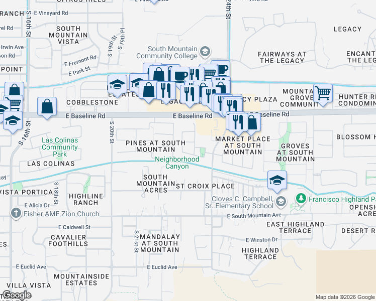 map of restaurants, bars, coffee shops, grocery stores, and more near 2318 East Harwell Road in Phoenix