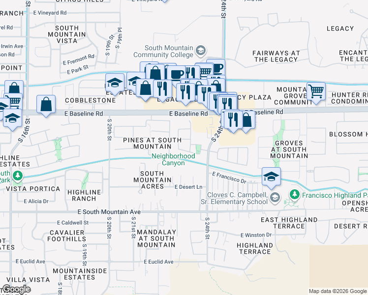 map of restaurants, bars, coffee shops, grocery stores, and more near 2318 East Harwell Road in Phoenix