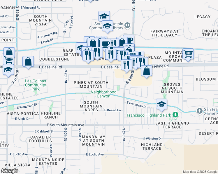 map of restaurants, bars, coffee shops, grocery stores, and more near 2318 East Harwell Road in Phoenix