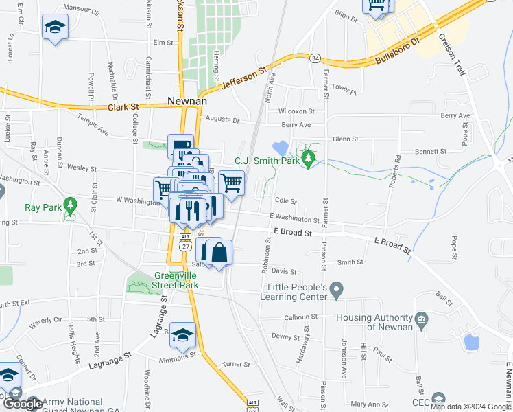 map of restaurants, bars, coffee shops, grocery stores, and more near 50 East Washington Street in Newnan