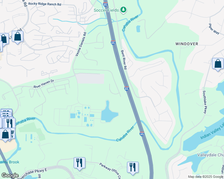 map of restaurants, bars, coffee shops, grocery stores, and more near 4364 Ridgemont Circle in Birmingham