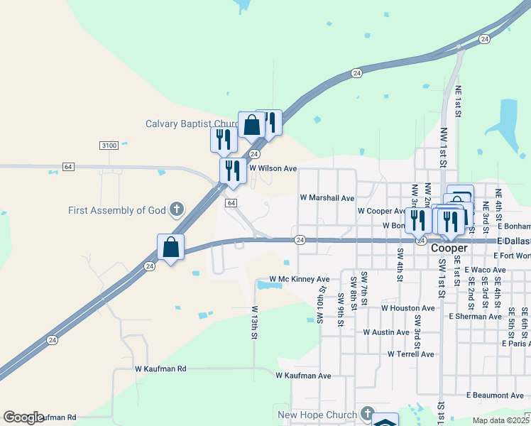 map of restaurants, bars, coffee shops, grocery stores, and more near 110 Farm to Market 64 in Cooper