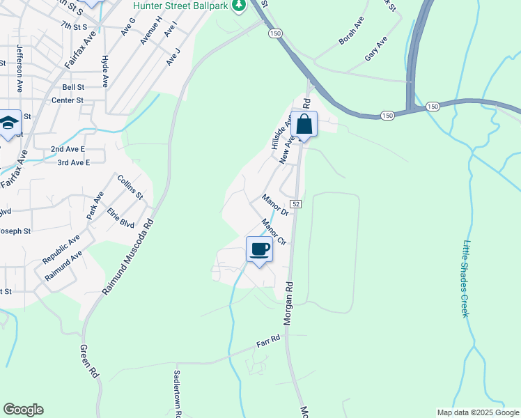 map of restaurants, bars, coffee shops, grocery stores, and more near 1022 Manor Circle in Bessemer
