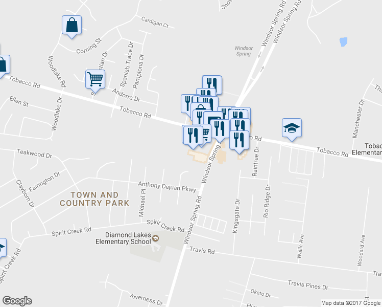 map of restaurants, bars, coffee shops, grocery stores, and more near 2514 Tobacco Road in Hephzibah