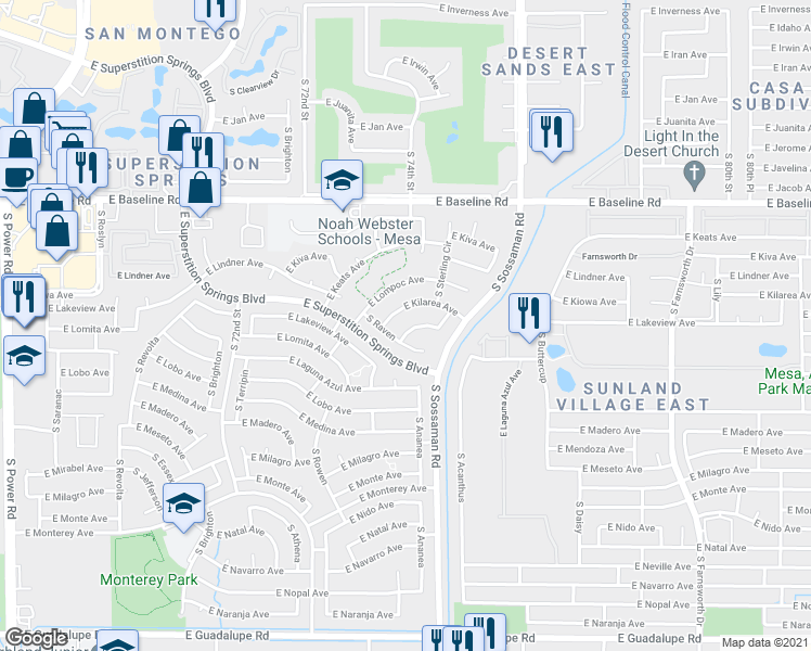 map of restaurants, bars, coffee shops, grocery stores, and more near 7440 East Kiowa Avenue in Mesa