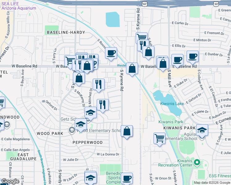 map of restaurants, bars, coffee shops, grocery stores, and more near 514 West Harvard Drive in Tempe