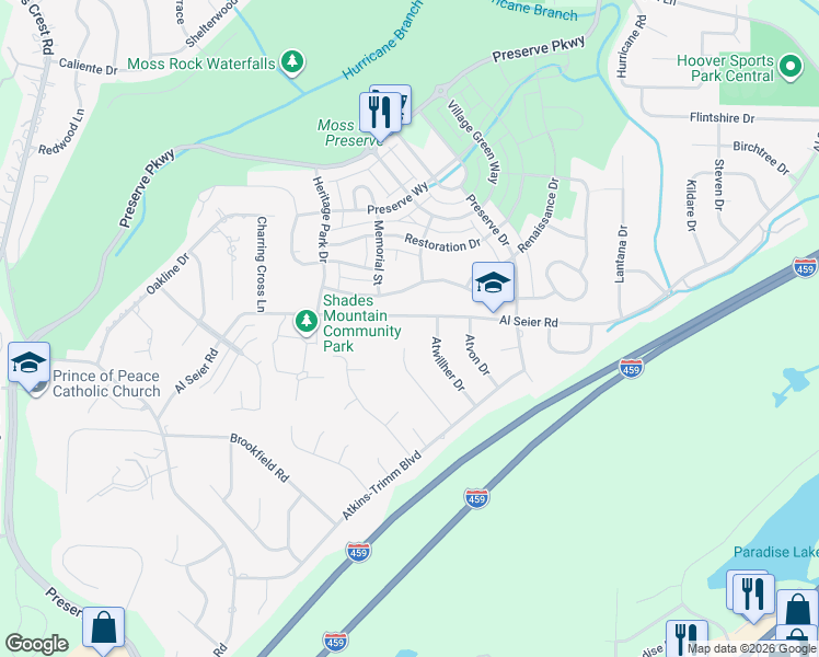 map of restaurants, bars, coffee shops, grocery stores, and more near 3527 Atdoann Drive in Birmingham
