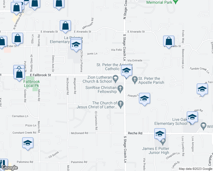 map of restaurants, bars, coffee shops, grocery stores, and more near 485 Wax Flower Lane in Fallbrook