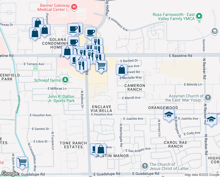map of restaurants, bars, coffee shops, grocery stores, and more near 1415 North San Benito Drive in Gilbert