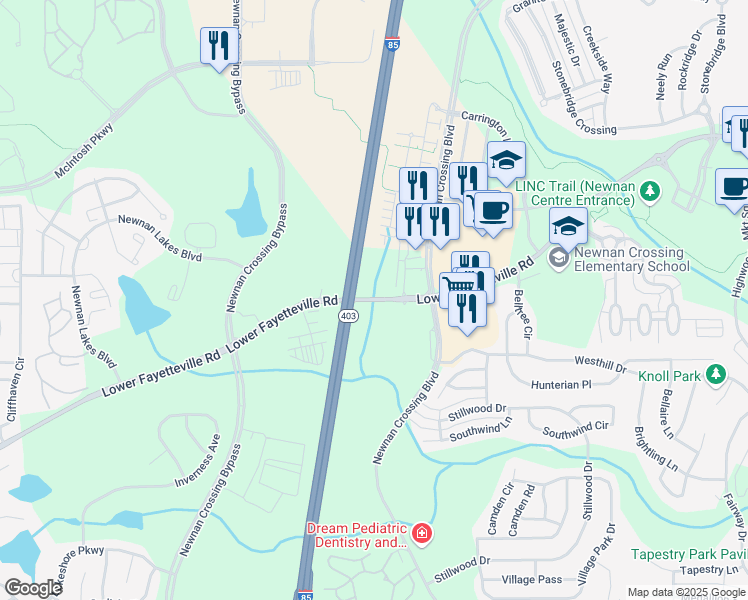 map of restaurants, bars, coffee shops, grocery stores, and more near 823 Lower Fayetteville Road in Newnan