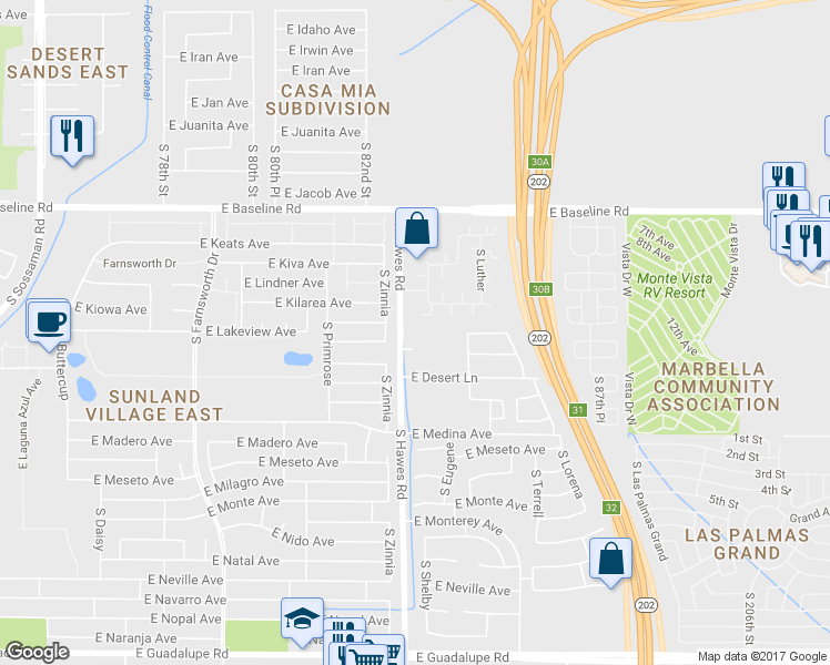 map of restaurants, bars, coffee shops, grocery stores, and more near 2207 South Hawes Road in Mesa