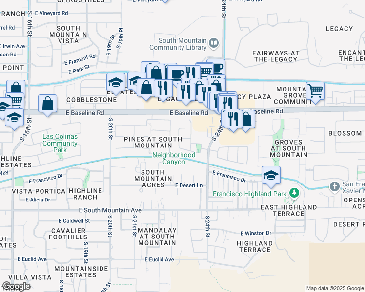 map of restaurants, bars, coffee shops, grocery stores, and more near 2318 East Harwell Road in Phoenix