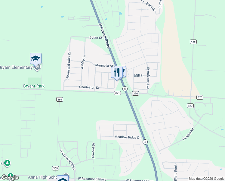 map of restaurants, bars, coffee shops, grocery stores, and more near 101 Charleston Drive in Anna