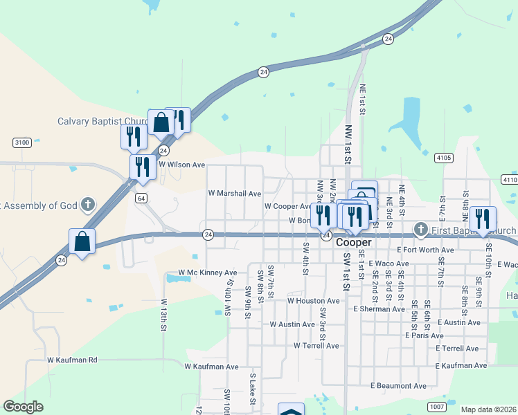 map of restaurants, bars, coffee shops, grocery stores, and more near 151 Northwest 7th Street in Cooper