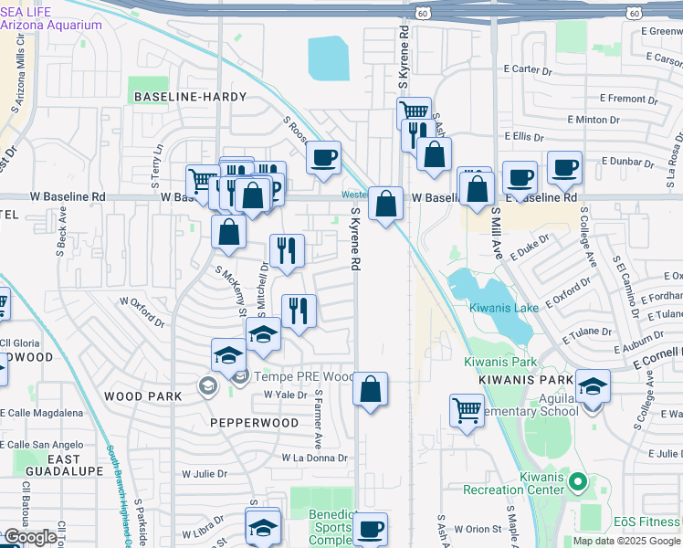 map of restaurants, bars, coffee shops, grocery stores, and more near 514 West Harvard Drive in Tempe