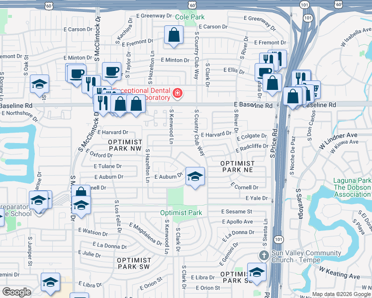 map of restaurants, bars, coffee shops, grocery stores, and more near 1975 East Colgate Drive in Tempe