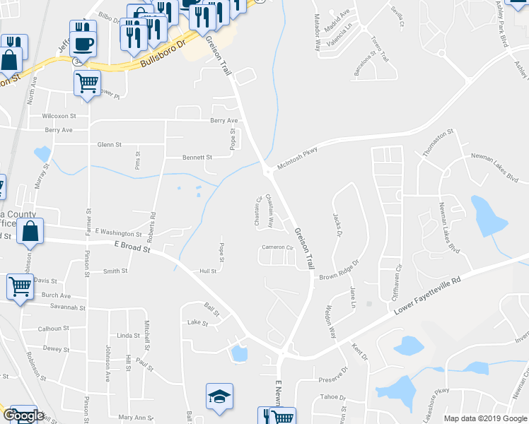 map of restaurants, bars, coffee shops, grocery stores, and more near 119 Chastain Circle in Newnan