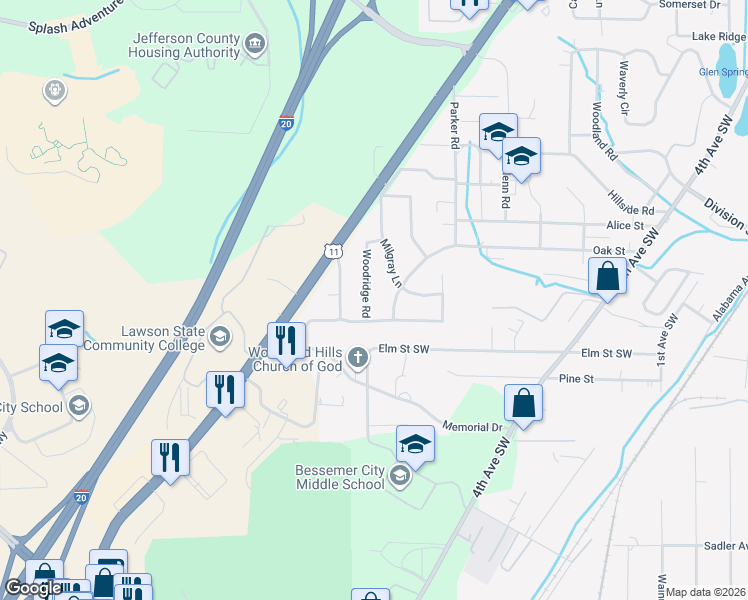 map of restaurants, bars, coffee shops, grocery stores, and more near 804 Woodridge Rd in Bessemer
