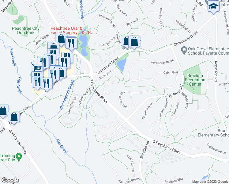 map of restaurants, bars, coffee shops, grocery stores, and more near 38 Prestwick Court in Peachtree City