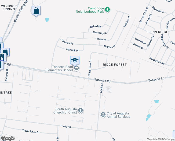 map of restaurants, bars, coffee shops, grocery stores, and more near 4209 White Pines Court in Augusta