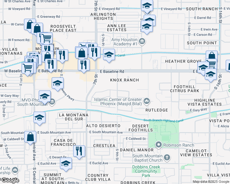 map of restaurants, bars, coffee shops, grocery stores, and more near 849 Constance Way in Phoenix