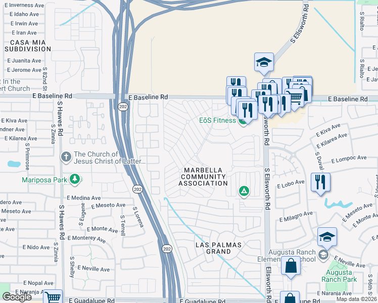 map of restaurants, bars, coffee shops, grocery stores, and more near 8865 East Baseline Road in Mesa