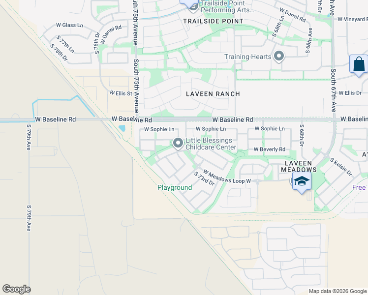 map of restaurants, bars, coffee shops, grocery stores, and more near 7822 South 72nd Lane in Phoenix