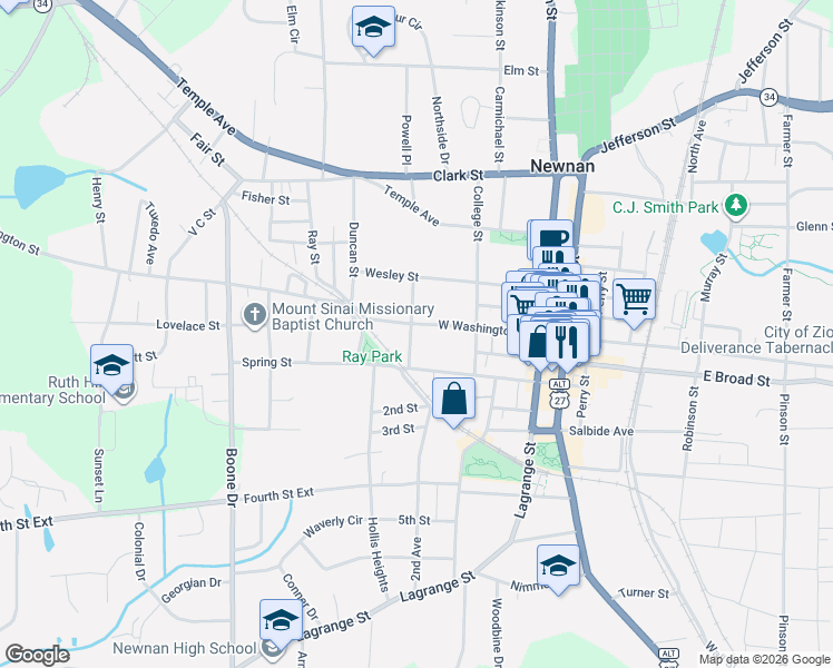 map of restaurants, bars, coffee shops, grocery stores, and more near 5a Saint Clair Street in Newnan