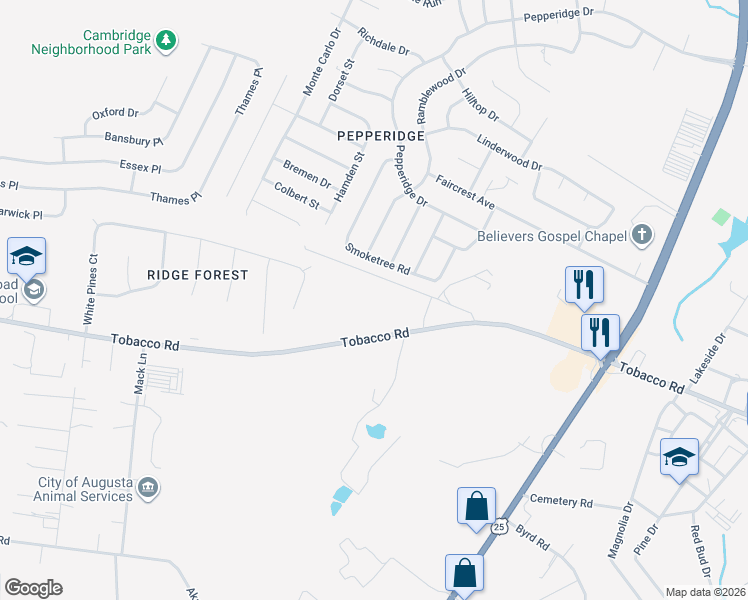 map of restaurants, bars, coffee shops, grocery stores, and more near 2327 Tobacco Road in Augusta