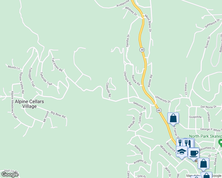 map of restaurants, bars, coffee shops, grocery stores, and more near Cliffside Road in Ruidoso