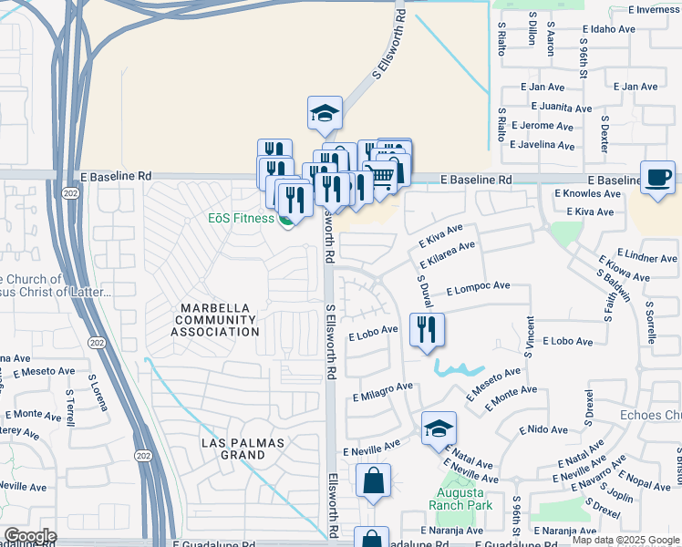 map of restaurants, bars, coffee shops, grocery stores, and more near 2205 South Harper in Mesa