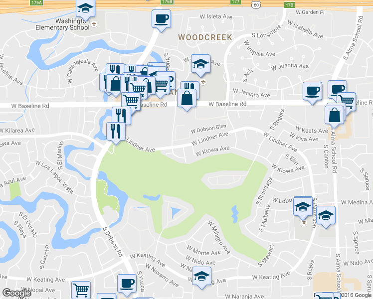 map of restaurants, bars, coffee shops, grocery stores, and more near 2139 South Cholla in Mesa