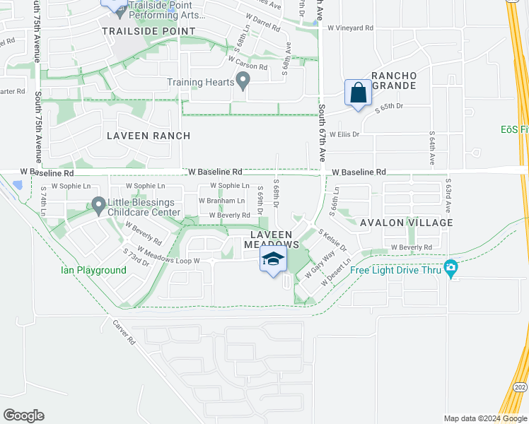 map of restaurants, bars, coffee shops, grocery stores, and more near 7721 South 69th Drive in Phoenix