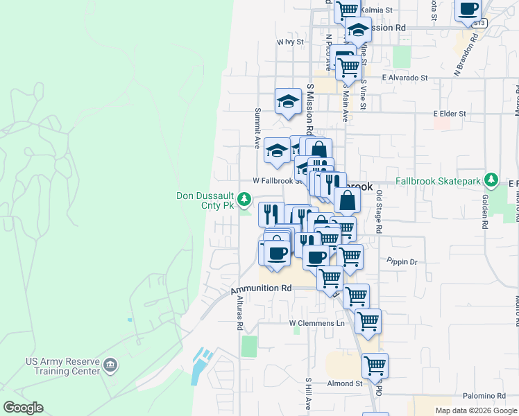 map of restaurants, bars, coffee shops, grocery stores, and more near 820 Cozy Court in Fallbrook